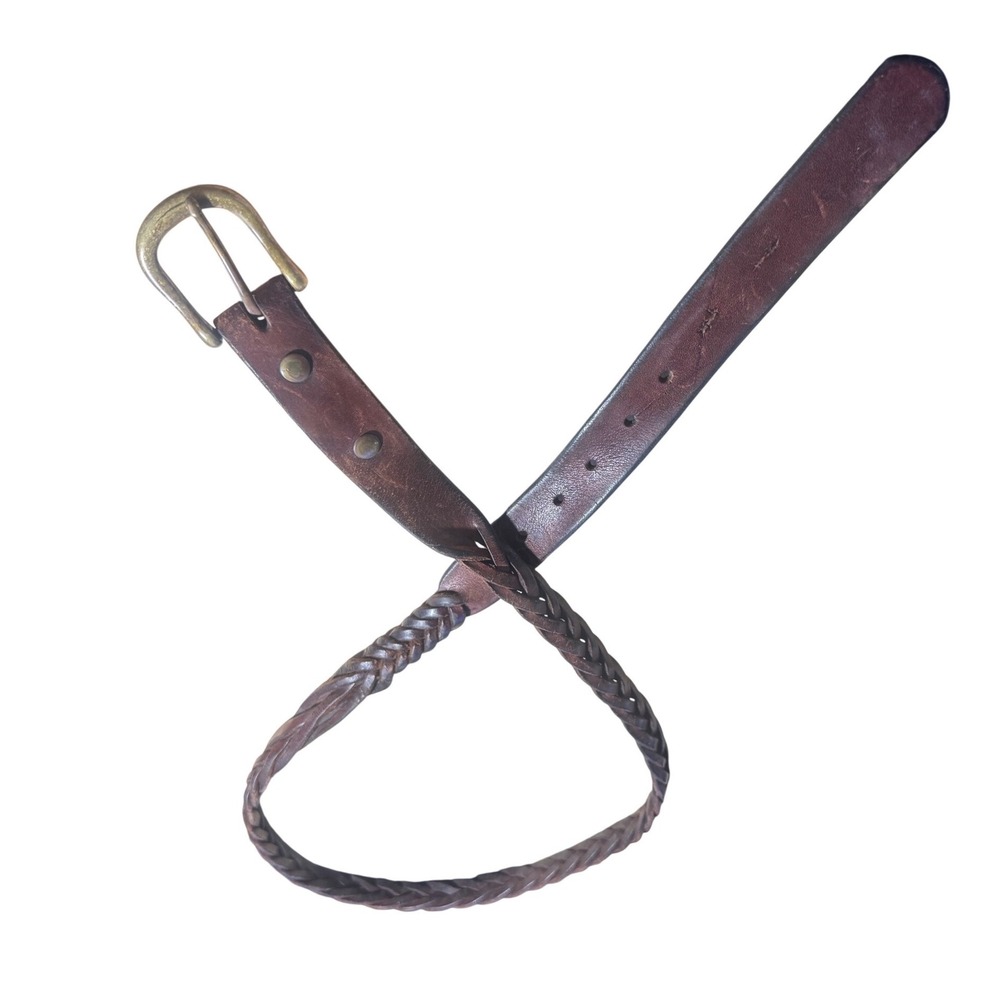 Vintage Dark Brown Braided Leather Belt Brass Buckle Boho Western Rustic LG